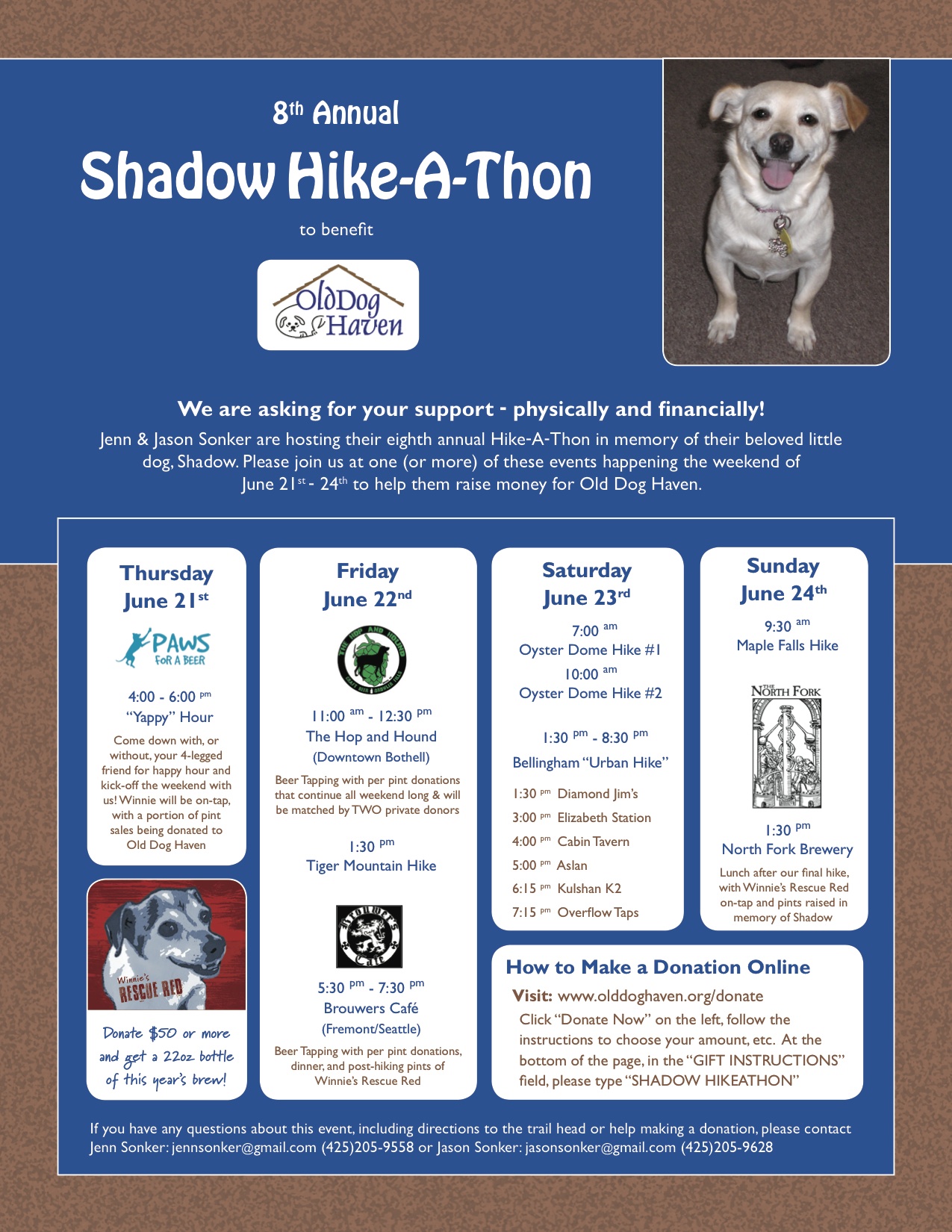 Friday, June 22nd @5pm  Shadow Hike-a-thon Benefit for Old Dog Haven!